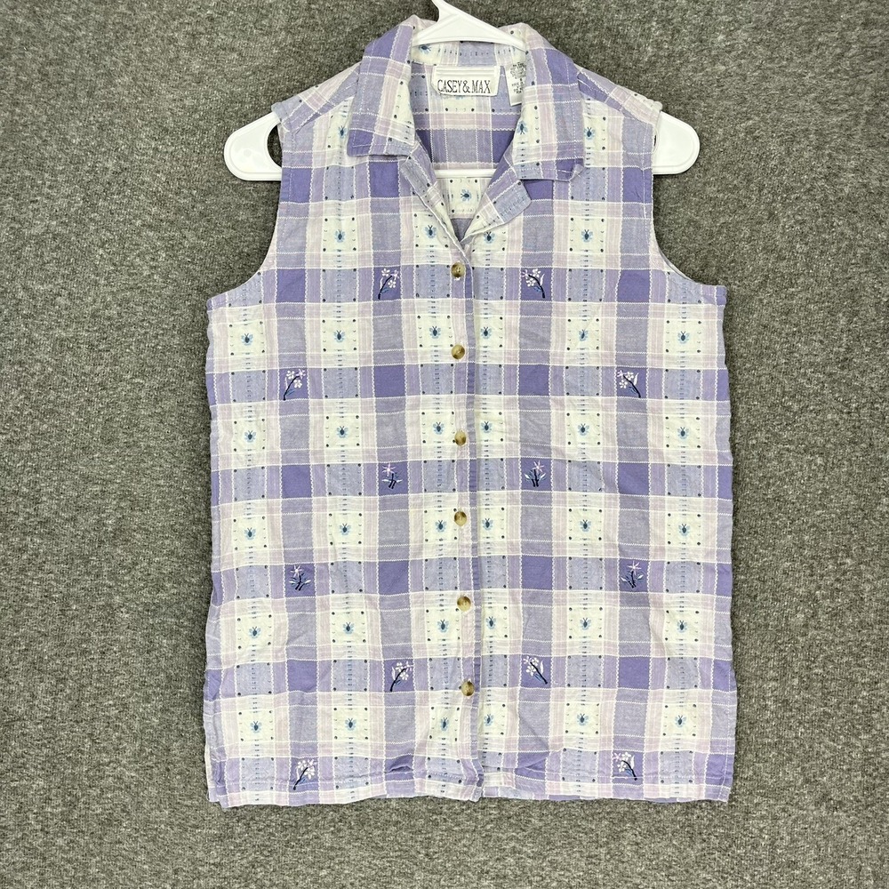 Vintage 90s Casey & Max Sleeveless Button Shirt Floral Purple Size S Cottagecore